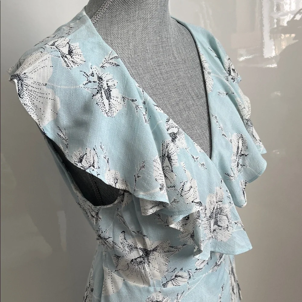 FREE PEOPLE NWOT Floral Ruffle Midi Wrap Dress in Light Blue and White, Size L - Picture 10 of 15
